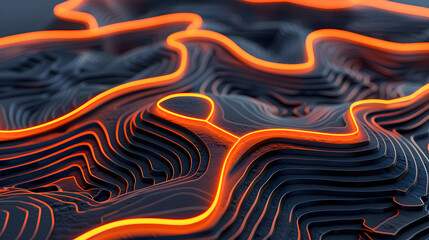 Poster - A high tech topographic model with glowing orange lines highlighting the landscape s contours set against a sleek dark background  The design is minimalist yet detailed