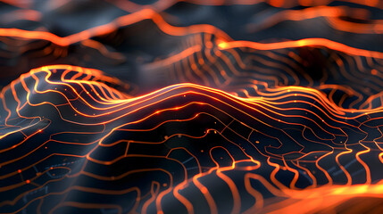 Poster - Glowing orange lines highlight the intricate topographic contours of a futuristic landscape set against a sleek dark background  This 3D rendered image showcases a minimalist yet detailed design