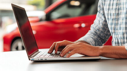 Wall Mural - Man working on laptop in front of a blue car Online buying and selling auto