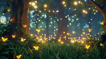 Poster - Enchanting Night Forest with Glowing Butterflies.