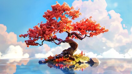 Wall Mural - Low Poly Bonsai Tree on a Small Island with Clouds and Reflections.