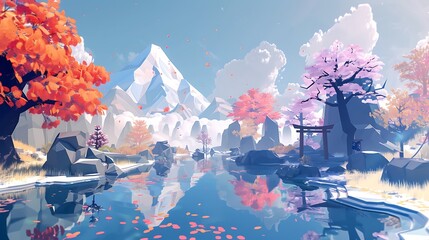 Wall Mural - Serene Low Poly Landscape with Mountain and Torii Gate.