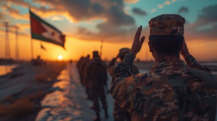 Wall Mural - A close-up of a Defence Day flag's fabric texture, bold design incorporating military badges, panaflex with a dynamic image of military tanks, powerful image of military aircraft.