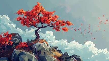 Sticker - Low Poly Illustration of a Red Tree with Falling Leaves Against a Cloudy Sky.