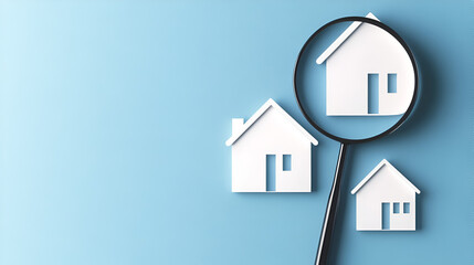 Magnifying glass and three white house icons on blue background House search home buying loan mortgage and real estate investment Choice of real estate to buy and invest in Hunt for new property