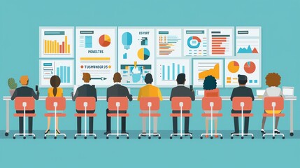 Aufkleber - Business team analyzing data and graphs on screens.