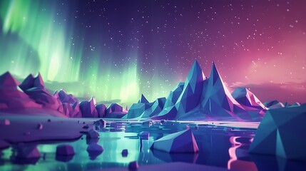 Canvas Print - Abstract Low Poly Landscape with Northern Lights and Stars.