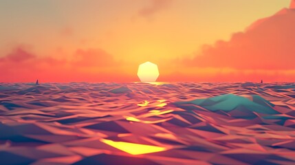 Poster - Abstract sunset with low poly ocean and geometric sun.