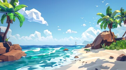 Canvas Print - Low Poly Tropical Beach Scene with Palm Trees and Blue Ocean.