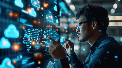 Fototapete - Man Interacting with Cloud Computing Data on Digital Screen.