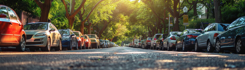 Wall Mural - A row of parked cars on a street with trees in the background. The cars are mostly black and red