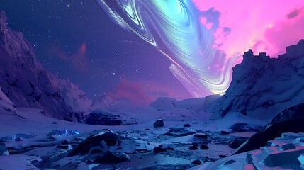 Canvas Print - A surreal and otherworldly landscape with a pink and blue sky with a swirling aurora.