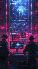 Fototapete - Two Hackers Working On A Server.