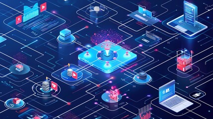 Fototapete - Digital network, futuristic tech concept.