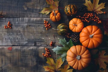 Canvas Print - Autumn pumpkins and gourds with leaves and berries on wooden surface, conveying a cozy fall atmosphere.