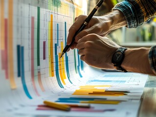Aufkleber - Businessperson Analyzing Financial Data With Colored Sticky Notes.