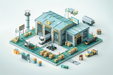 Aufkleber - Isometric warehouse with delivery trucks and boxes.