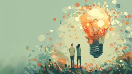 Aufkleber - Two people looking up at a giant light bulb.