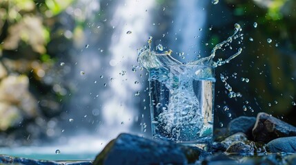 Poster - Water splashing in glass with blurred background of waterfall