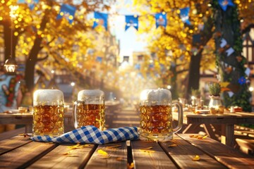 three mugs of beer on a wooden table with a fall background