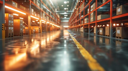 Leinwandbilder - empty warehouse aisle with boxes on shelves.