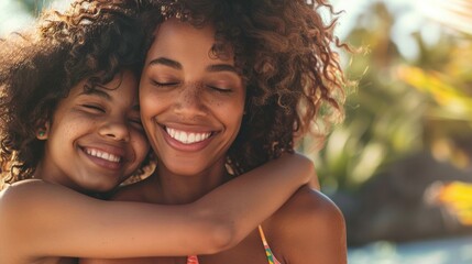 Wall Mural - A joyful mother and daughter duo, both with different body types, sharing a hug and celebrating their unique beauty together