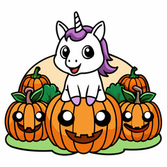 Wall Mural - unicorn in a pumpkin patch vector illustration