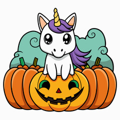 Wall Mural - unicorn in a pumpkin patch vector illustration