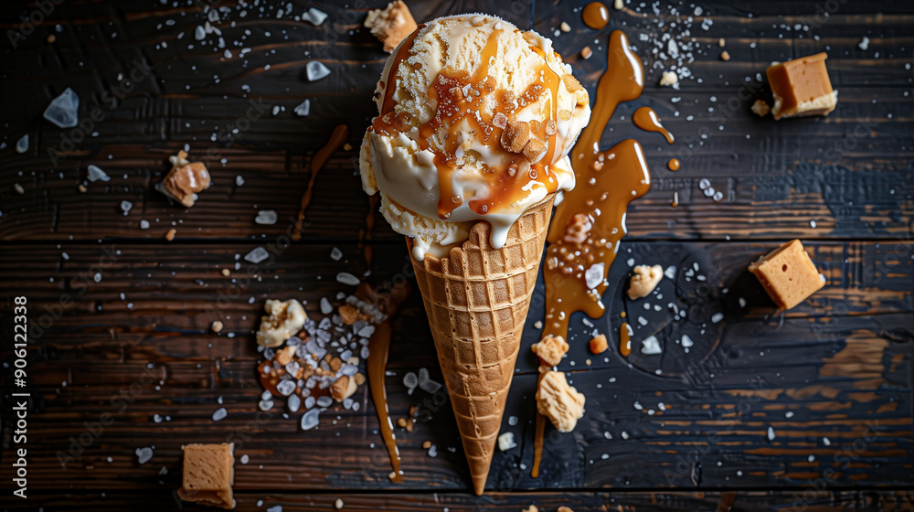 Decadent caramel ice cream scoop in a waffle cone, topped with ...
