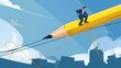 © Billy - A businessman carefully climbing a large pencil that balances on a tightrope high above the ground, symbolizing the risks and rewards of innovative business ventures
