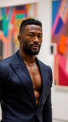 A man in a sharply tailored blazer, no shirt underneath, standing confidently in front of a modern art installation