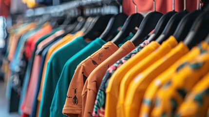 Sticker - A rack of clothes with a variety of colors and patterns. The clothes are hanging on hangers and are organized by color. Scene is that of a clothing store