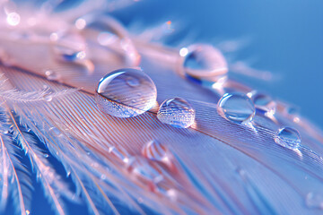 Wall Mural - two water drops on feather, macro photo. abstract blue background with soft focus and blurred edges.