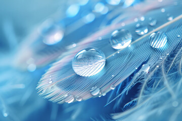 Sticker - Two water drops on feather, macro photo. Abstract blue background with soft focus and blurred edges. Pastel color. Soft light, studio shot