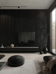 Wall Mural - Modern minimalist living room with black wooden slats on the wall