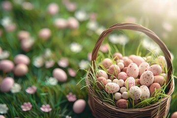 A flat lay of an Easter basket filled with chocolate bunnies