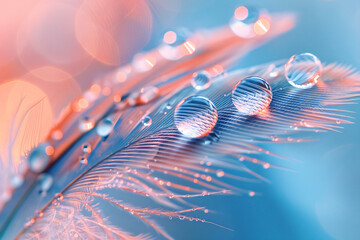 Poster - Beautiful macro photo of two water drops on the feather, pastel blue background, bokeh,