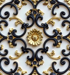 Sticker - 3D render of a simple arabesque ornament in black and gold colors on a white background 