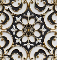 Canvas Print - 3D render of a simple arabesque ornament in black and gold colors on a white background 