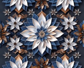Poster - 3d render of beautiful simple floral pattern in blue, white and brown on dark background