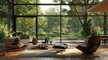 Modern Living Room with Floor-to-Ceiling Windows and Lush Green View