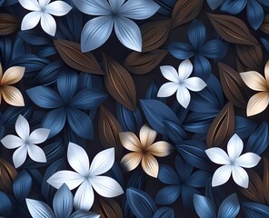Poster - 3d render of beautiful simple floral pattern in blue, white and brown on dark background