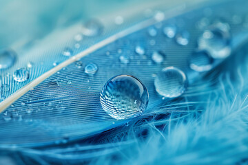 Wall Mural - beautiful macro photo of two water drops on feather, blue and turquoise colors, soft background, cop