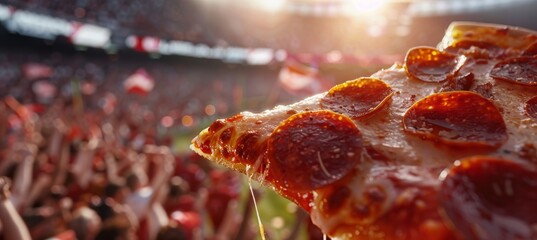 Wall Mural - Close-Up of Pizza Slice with Blurred Football Stadium Background