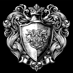 A black and white drawing of a shield with a crown on top