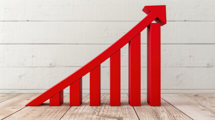 A vibrant red graph illustrating growth trends on a wooden surface, perfect for business and finance concepts.