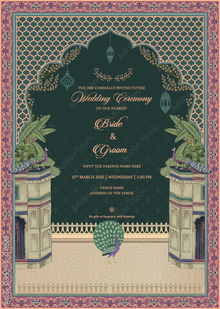 Traditional Mughal wedding invitation card design. Invitation card with ...