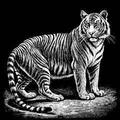 A black and white drawing of a tiger standing on a stone floor