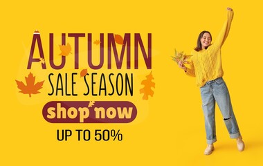 Canvas Print - Banner for autumn sale with with happy woman holding fallen leaves