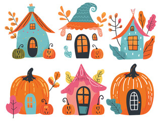 Whimsical fairy tale houses embedded pumpkins leaves, fantasy autumn village. Colorful illustration cute pumpkin cottages, magical fall season homes, cartoon style. Artistic rendering storybook